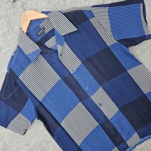 Pronti Button Up Shirt Mens Large Blue Black Striped Colorblock Short Sleeve